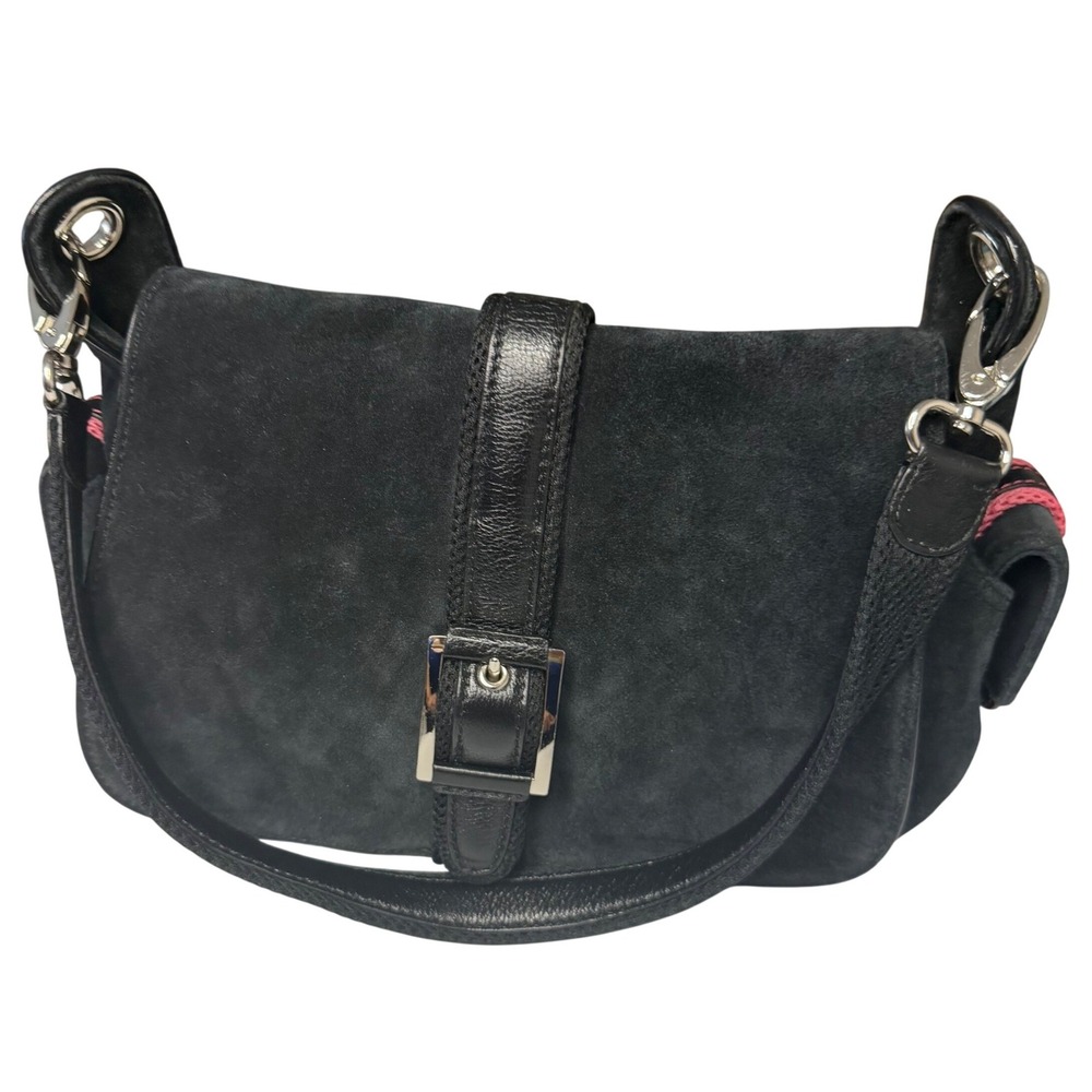 COLE HAAN Black Suede Leather Shoulder Bag Pebbled Buckle Pink Lining Crossbody